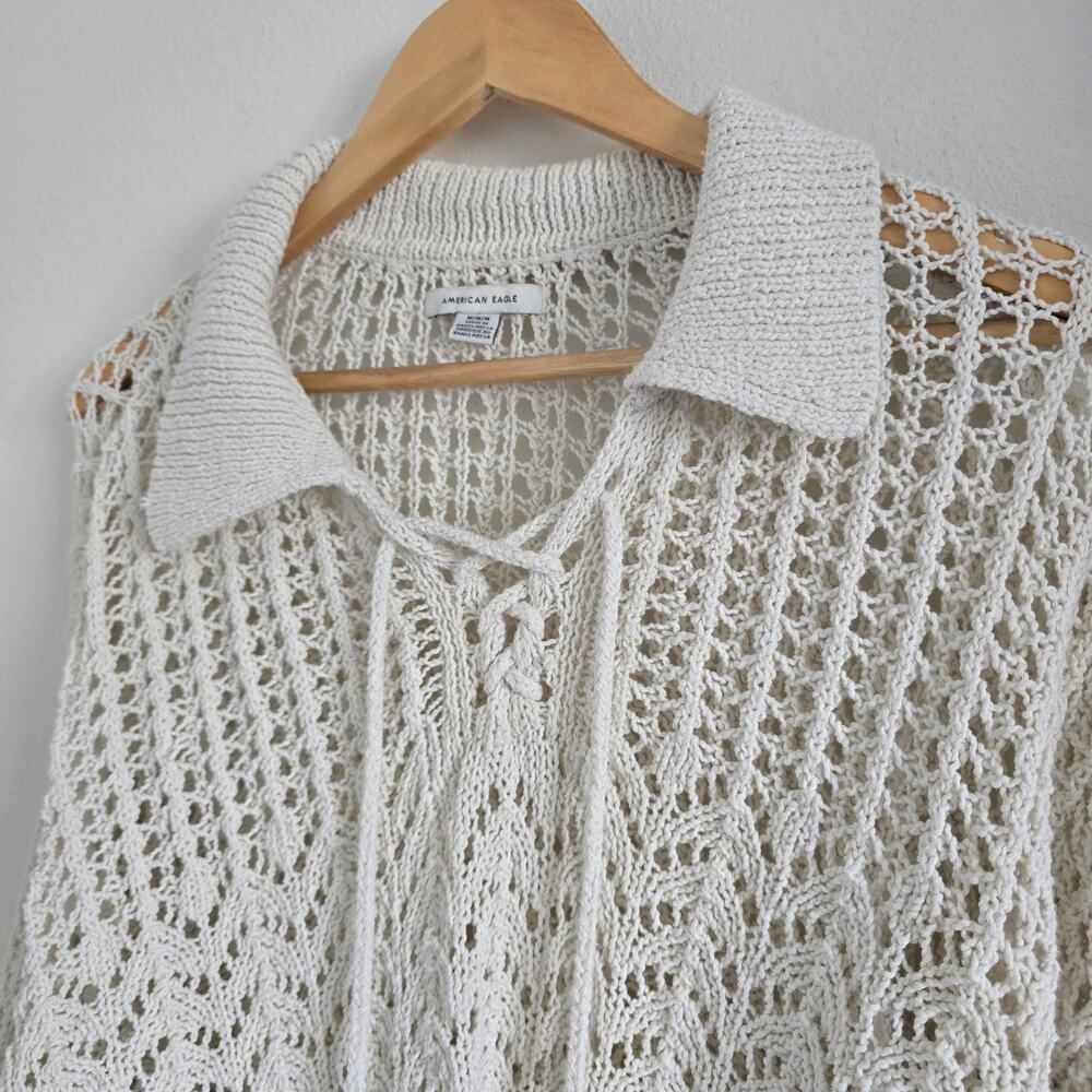 American Eagle Crochet Open Knit Polo Shirt Size M Cream Tassel Cottage Beachy - Picture 4 of 9